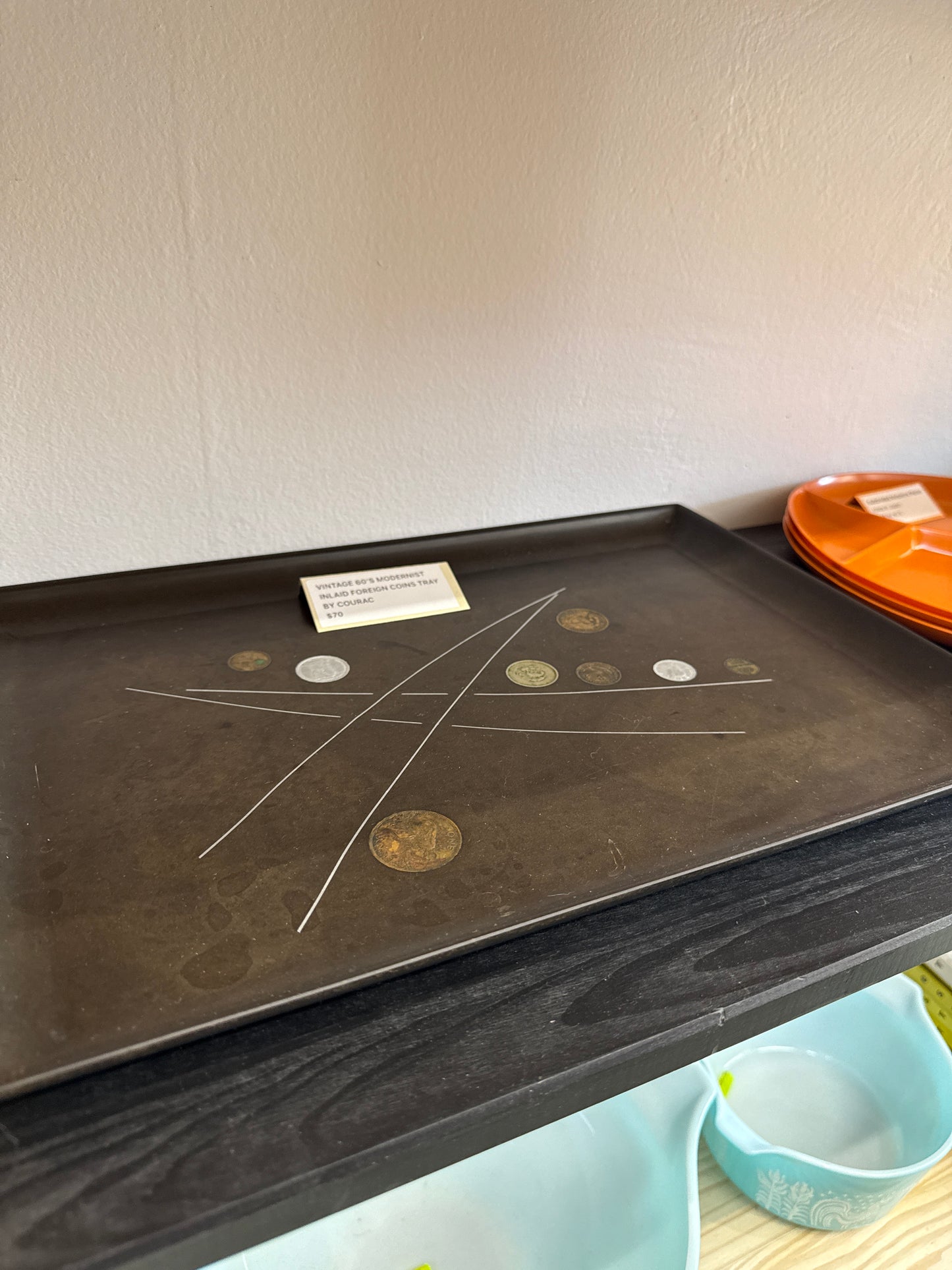 Vintage 60’s Modernist Inlaid Foreign Coins Tray by Courac