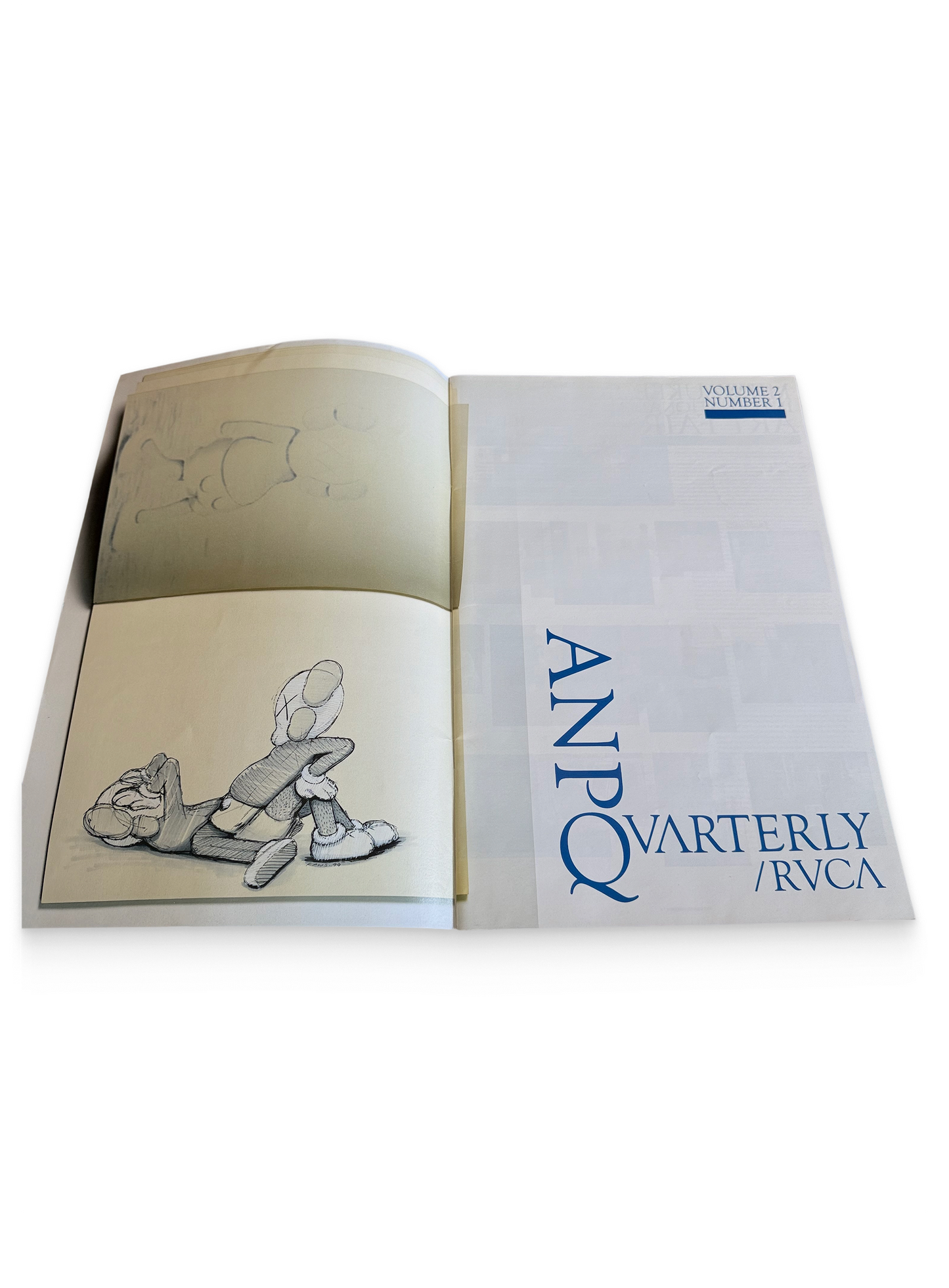 Open book with illustrations and 'ANP Quarterly' text on a white background, ANPQ Quarterly / RVCA, vintage magazine, front cover — Homeguts