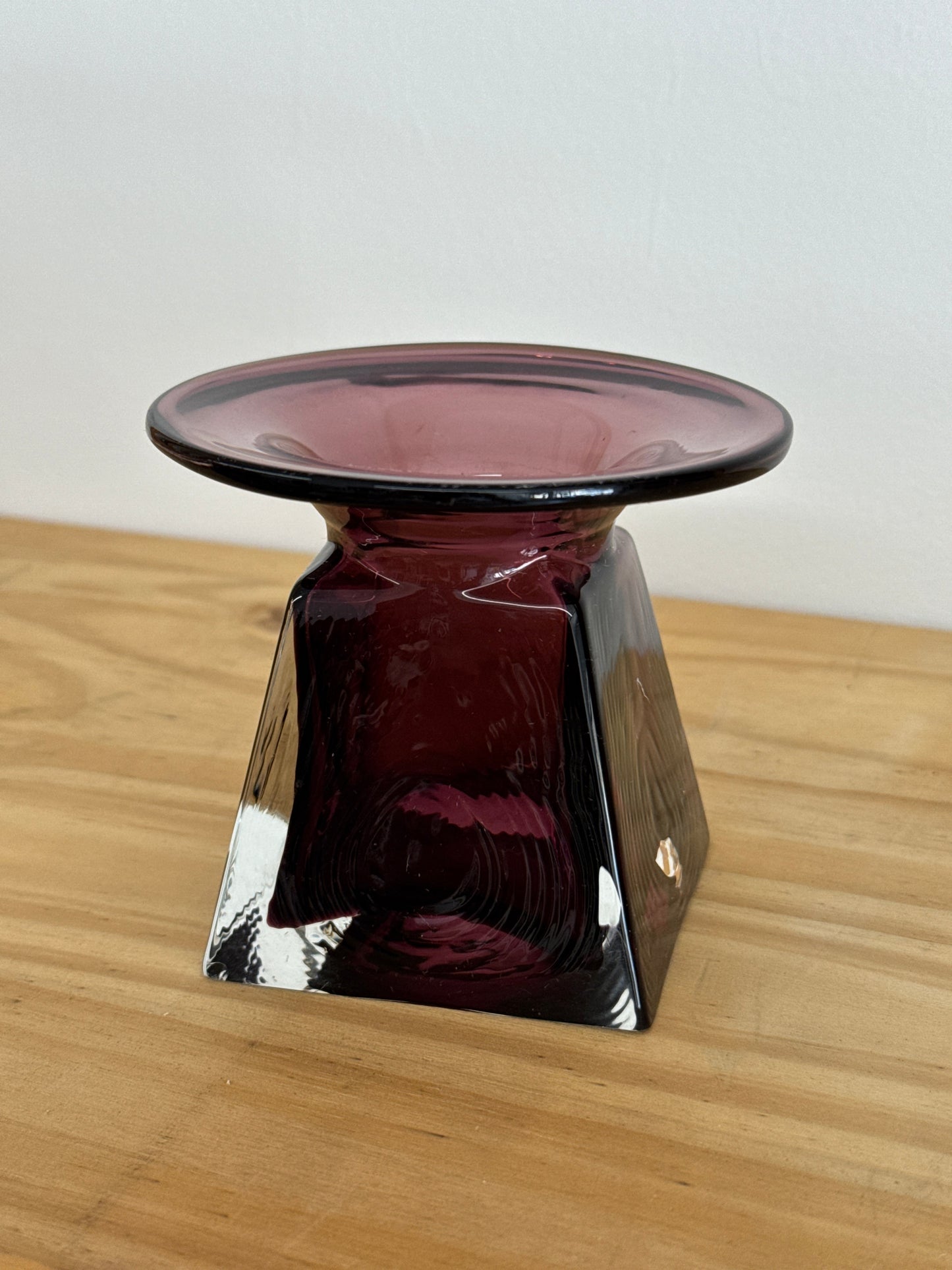 Amethyst to Clear Cased Glass Vase MCM Square Base Round Top
